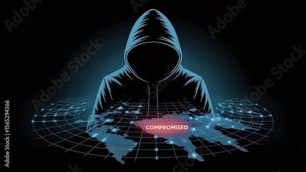 Obraz Digital Intrusion: A digital silhouette of a cloaked figure, representing a hacker, looms over a glowing map of the world. Red 'compromised' text suggests cybercrime.
