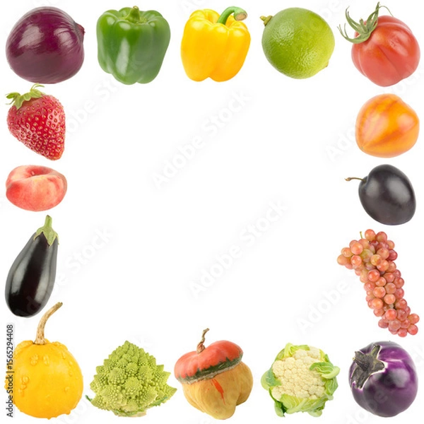 Fototapeta Frame of bright tasty ripe vegetables, fruits and berries isolated on white