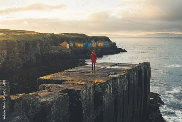 Fototapeta Solitary figure in red coat stands on a cliff overlooking colorful houses by the sea at sunset.