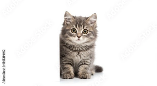 Obraz Adorable Gray Kitten, Fluffy Fur, Big Eyes, Studio Shot, White Background
