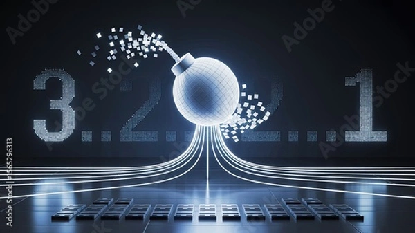 Obraz Countdown: A visual representation of a digital countdown with a bomb as the central element, symbolizing anticipation, imminent event, and suspense.