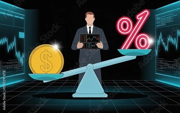Obraz Balancing Act: A businessperson navigating the complexities of finance, a striking illustration with the dollar and percentage scales and a person in the middle.