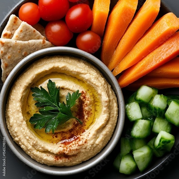 Obraz A healthy and colorful platter featuring hummus, cherry tomatoes, carrot sticks, pita bread, and cucumber. Perfect for a nutritious snack or appetizer, appealing to all ages.