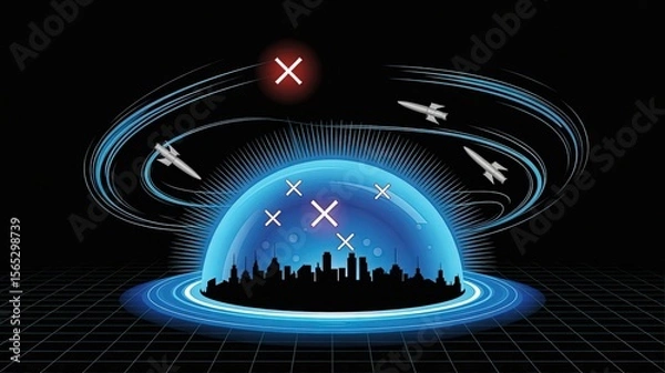 Obraz Defensive Shield Technology: A futuristic concept depicting a protective shield encompassing a city, defending against incoming threats with advanced defense system.