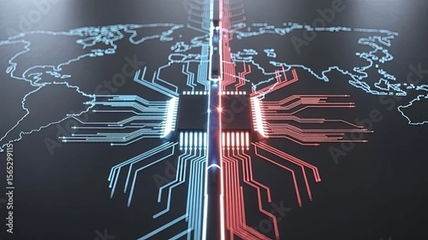 Obraz Global Data Highway: An artistic illustration shows a dynamic interplay of information, illustrated by glowing lines and circuits that span across a world map.