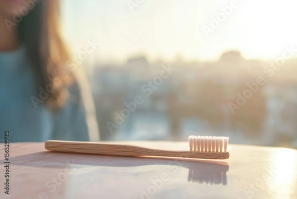 Fototapeta A bamboo toothbrush rests on a table, bathed in soft sunlight, with a blurred woman in the background.