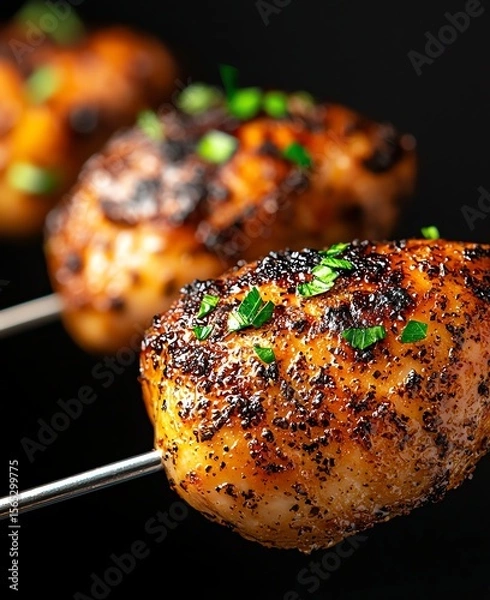 Fototapeta Delicious grilled skewers featuring marinated chicken, perfectly charred and garnished with fresh herbs. Ideal for a summer barbecue or gourmet dining experience.