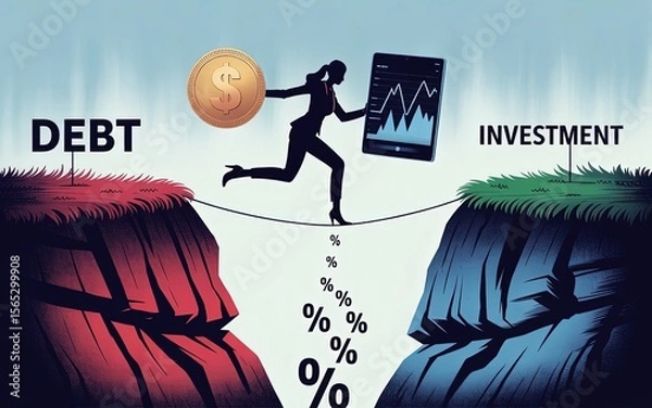 Obraz Investment over Debt: In a symbolic vector image, a figure skillfully walks a tightrope stretched between "debt" and "investment," balancing financial risk and potential gain.