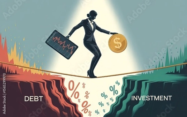 Obraz Balancing Act: A symbolic illustration depicting a woman navigating the tightrope between debt and investment, embodying the complexities of financial decisions.