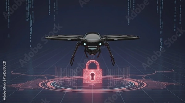 Obraz Drone Surveillance and Data Security: A sleek, futuristic drone hovers above a digital padlock, embodying cutting-edge technology, security, and the protection of sensitive data.