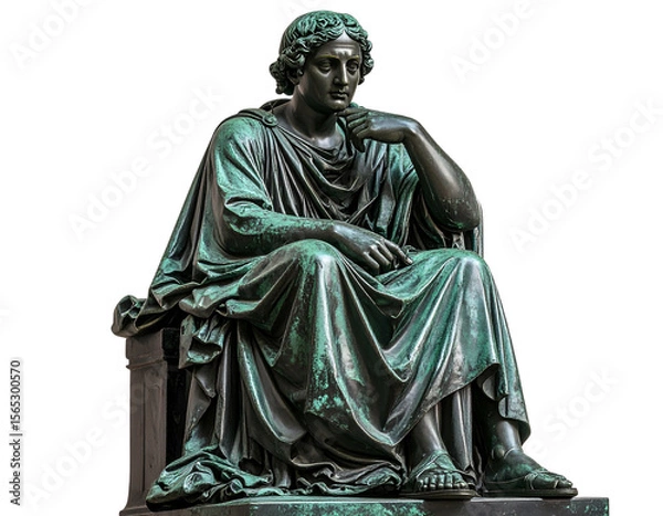 Fototapeta  Seated Ancient Philosopher Statue in Aged Bronze, Transparent PNG Cut-Out