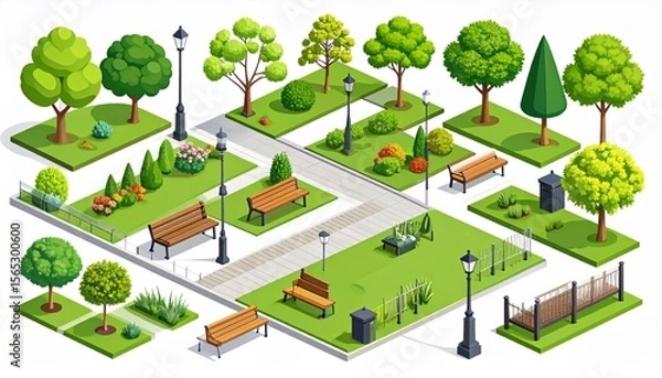 Fototapeta Modern park isometric elements constructor mega set. Creator kit with flat graphic street lanterns, trees and bushes, fences, benches, trash bins, paths. Vector illustration in 3D isometry design.