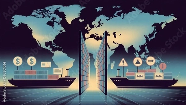 Obraz Global Commerce: A digital rendering portrays the intricate dance of international trade, featuring container ships navigating a world map, symbolizing the interconnectedness of global markets.