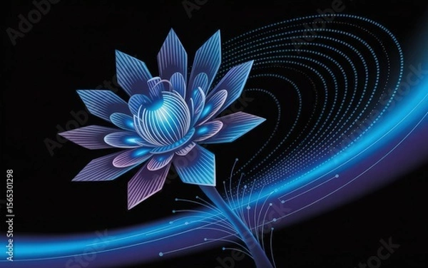 Obraz Abstract Lotus: A stylized, luminous lotus flower, crafted with intricate lines and bathed in radiant hues of blue and purple, radiates an aura of serenity against a stark black backdrop.