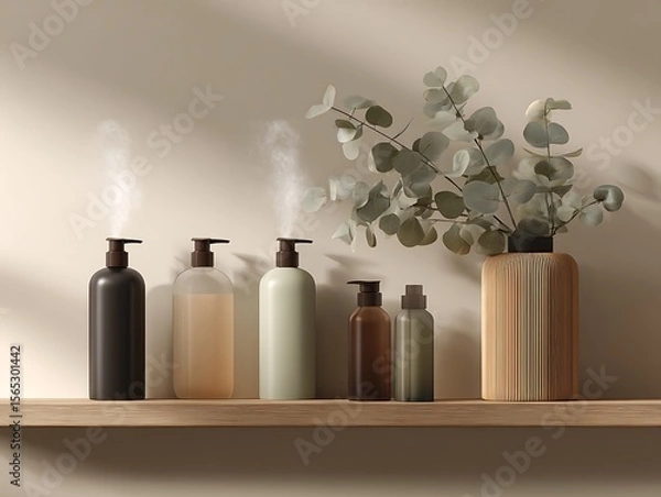 Fototapeta Elegant Diffuse Oil Bottles and Modern Rattan Misting Bottle with Eucalyptus – Photorealistic Mockup