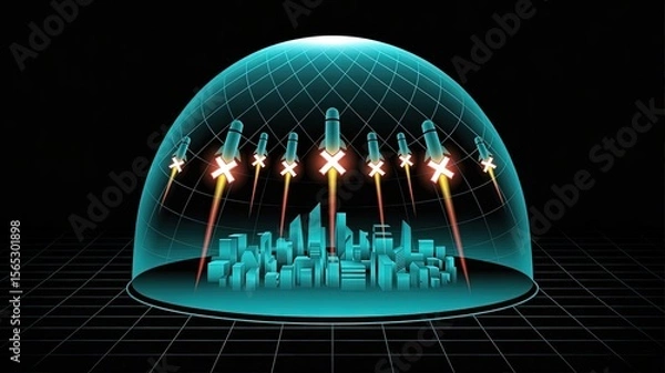 Obraz City Shield: A conceptual illustration depicts a futuristic city under a protective energy dome. Missiles are blocked.
