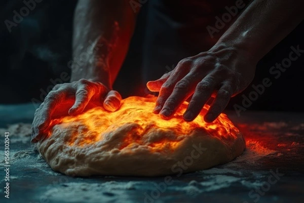 Fototapeta Baker's hands gently shaping glowing dough, a mystical bread-making scene.
