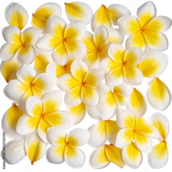 Fototapeta Scattered plumeria petals with water droplets, flat lay floral composition, transparent background PNG
