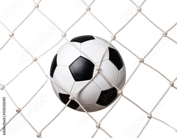 Fototapeta Soccer Ball Fully Nestled in Goal Net After a Score, Isolated on White