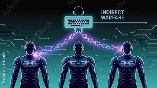 Obraz Indirect Warfare Cyber Threat: A futuristic illustration presents the concept of indirect warfare via cyber means, depicting interconnected figures controlled by digital commands.