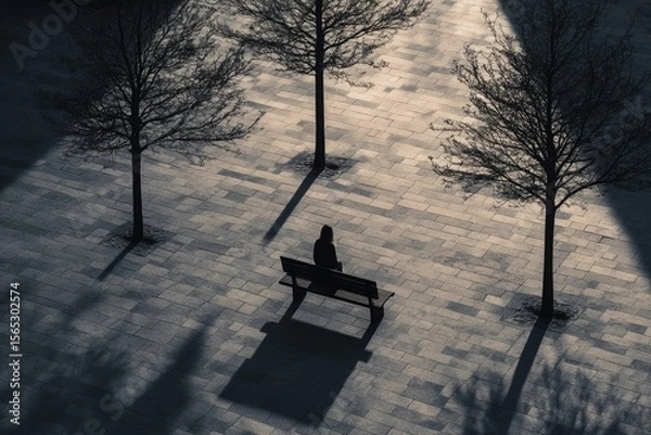 Fototapeta A lone figure sits on a park bench, bathed in sunlight, surrounded by bare trees casting long shadows.