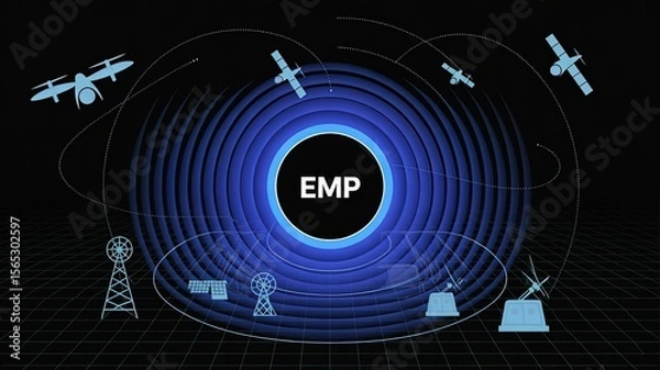 Obraz EMP: A complex diagram of technological marvels, highlighting an electromagnetic pulse emanating across satellites and drones, against a backdrop of futuristic blueprints.