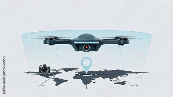 Obraz Drone Navigation & World Map: A modern drone hovers above a world map, showcasing real-time aerial navigation and photography capabilities, symbolizing innovation in aerial technology.