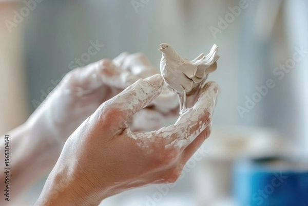Fototapeta A potter's hands delicately shape a clay bird, showcasing the artistry and precision of the craft.