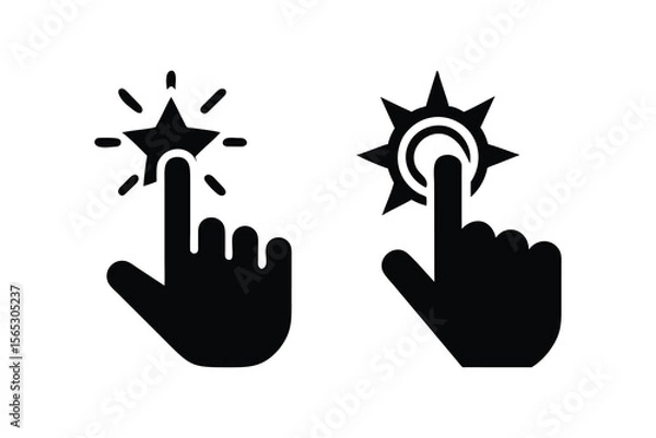 Fototapeta Hand clicking star and sun icons; minimalist, flat design;  positive, bright, user interface, digital interaction, technology, website, app, selection, choice, rating, feedback, approval, success, ach
