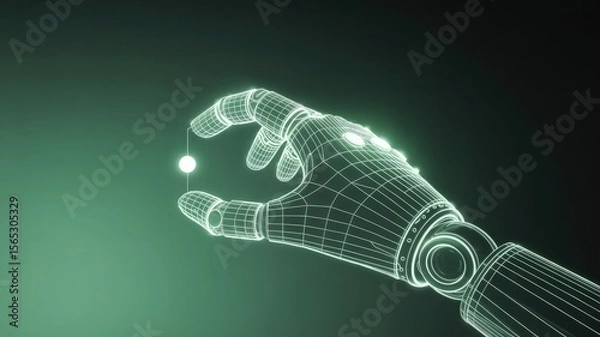 Obraz Digital Touch: A detailed illustration of a robotic arm delicately interacts with a luminous sphere, set against an illuminating digital background, showcasing innovation