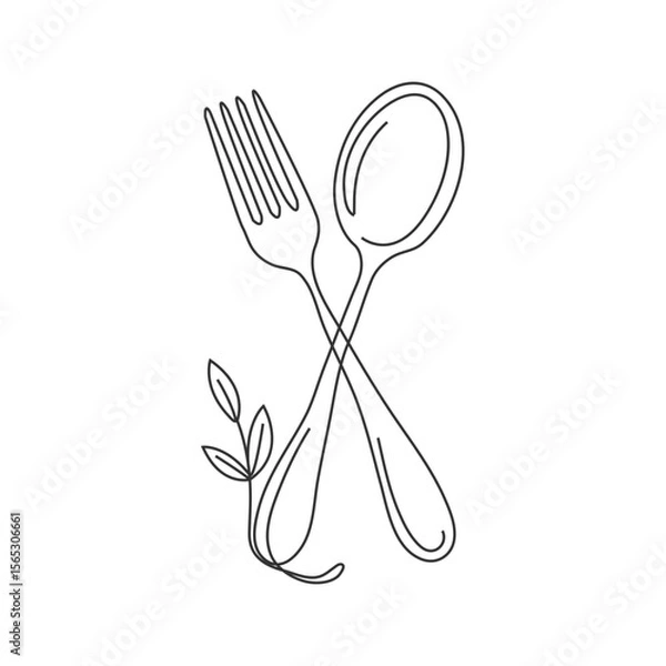 Fototapeta Fork and knife, one line drawing of continuous line vector illustration, Silverware Continuous Line Icon.