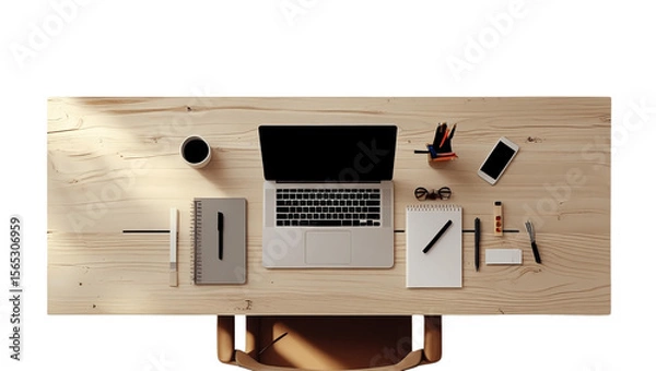 Fototapeta Overhead view of a laptop, coffee, phone, and notebook on a wooden desk, suggesting a workspace or home office.