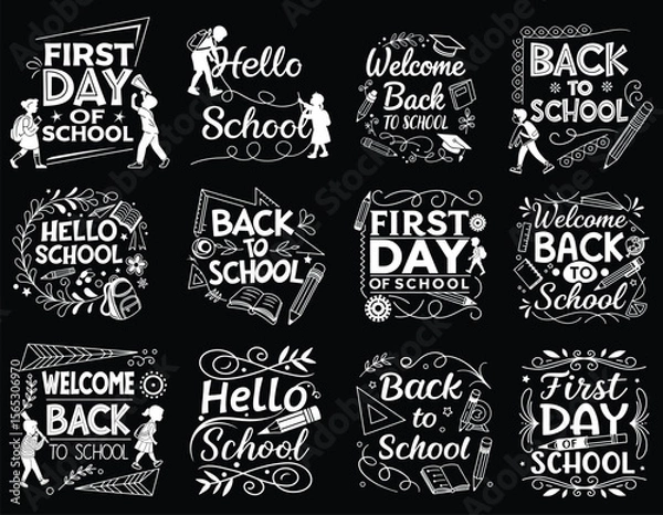 Obraz A bundle of elegant Back to School typography t-shirt designs in set collection, black and white silhouette style, handwritten calligraphic lettering vector illustration stationery elements. 
