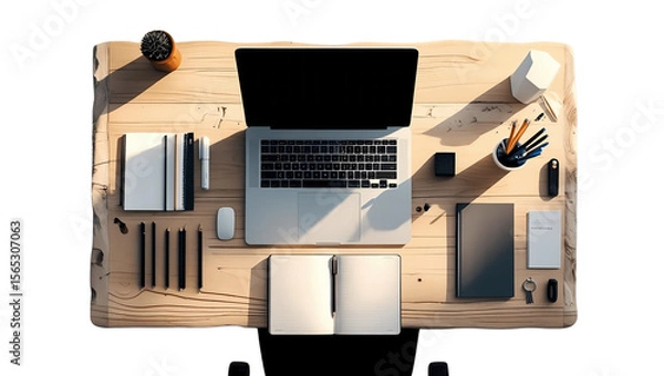 Fototapeta Overhead view of a wooden desk with laptop, notebooks, and accessories.