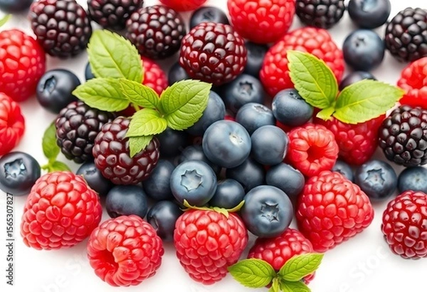 Fototapeta A vibrant mix of raspberries, blueberries, and blackberries, isolated on a pure white background with crisp detail and full depth of field,  macro,  botanical