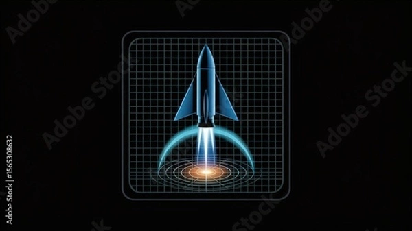 Obraz Spacecraft Launch Simulation: A sleek spacecraft is shown launching from a digital grid, surrounded by an intense blue and orange glow, suggesting cutting-edge technology and interstellar travel.