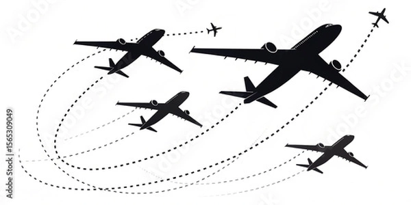 Obraz Abstract Air Travel: Multiple Jet Airplanes in Flight, Black Silhouettes, Dashed Paths, Modern Design