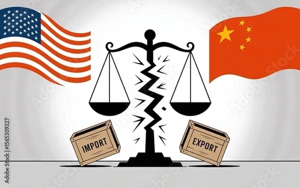 Obraz Trade Tensions: A visual metaphor representing the complex dynamics of international trade, showcasing a fractured balance scale between the flags of the United States and China.