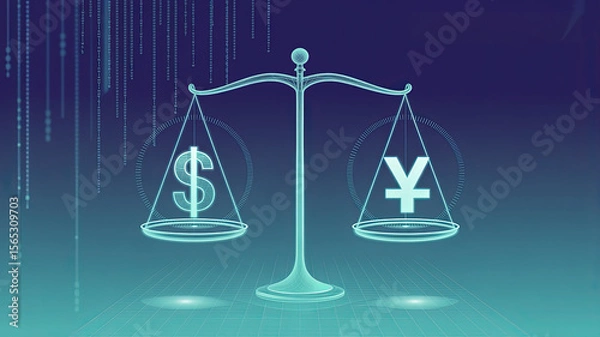 Obraz Dollar vs. Yen: An illustrative image depicting a symbolic weighing scale, with the Dollar and Yen currency signs on opposing sides. Suggesting balance or comparison in financial markets.