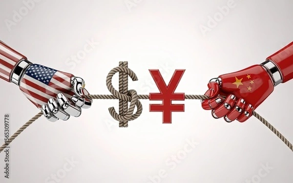 Obraz Global Economic Struggle: A visual representation of the economic tensions between the US and China, symbolized by robotic hands, pulling a rope entangled with dollar and yuan symbols.