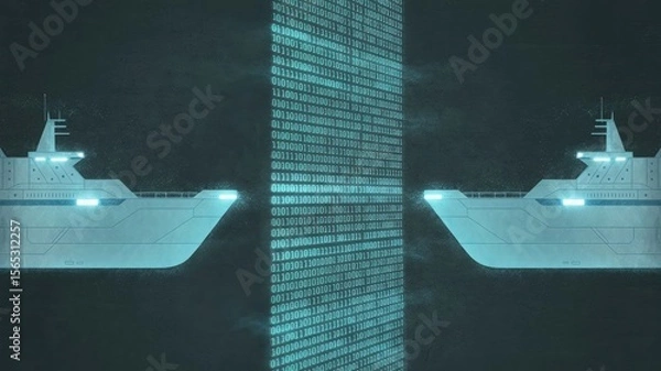 Obraz Digital Divide: A futuristic depiction of two warships facing a digital wall, highlighting concepts of technological barriers and challenges. 