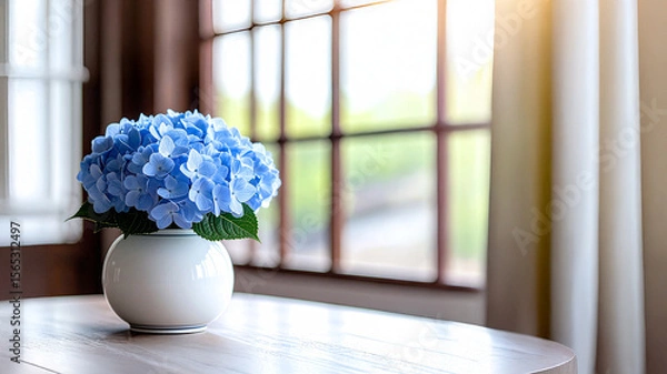 Obraz Blue Hydrangea in Round Vase by Window Light