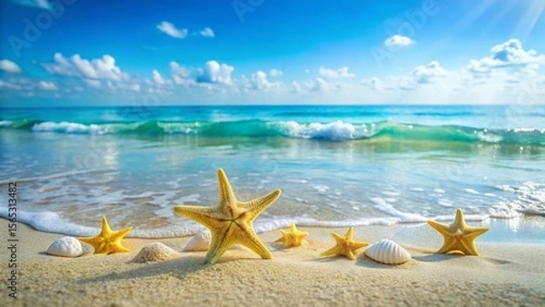 Fototapeta Seashells and starfish adorn a tranquil beach scene, bathed in sunlight with gentle waves lapping the shore.