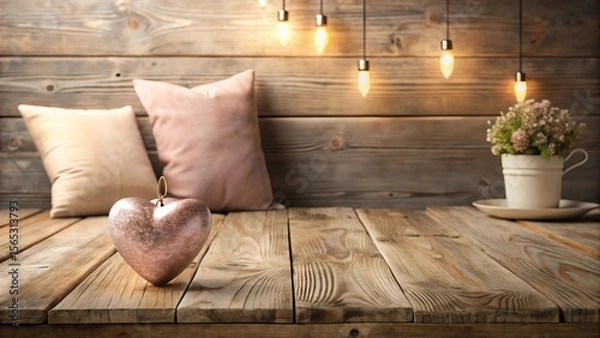 Fototapeta Rustic wooden table setting with decorative heart, soft pillows, and warm ambient lighting creating a cozy and romantic atmosphere.