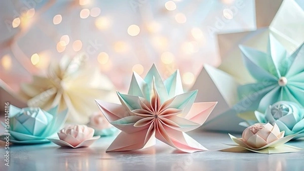 Fototapeta Delicate pastel paper flowers arranged artfully on a surface with a blurred bokeh background
