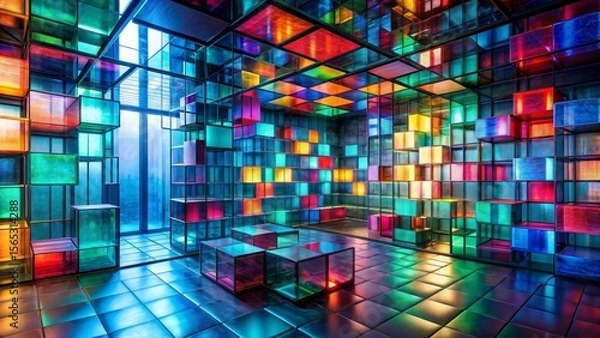 Fototapeta Illuminated Cube Installation A Modern Architectural Marvel of Vibrant Color and Geometric Design