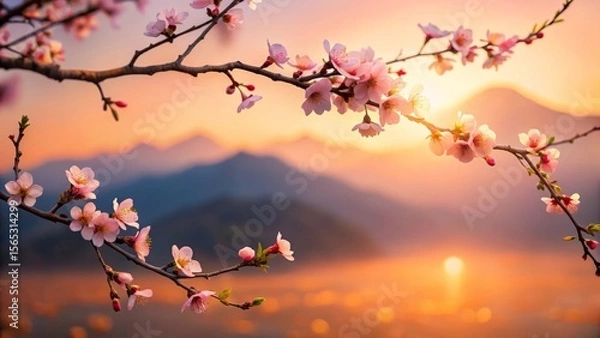 Fototapeta Serene Blossom Branch at Golden Hour, Silhouetted Against Distant Mountain Range