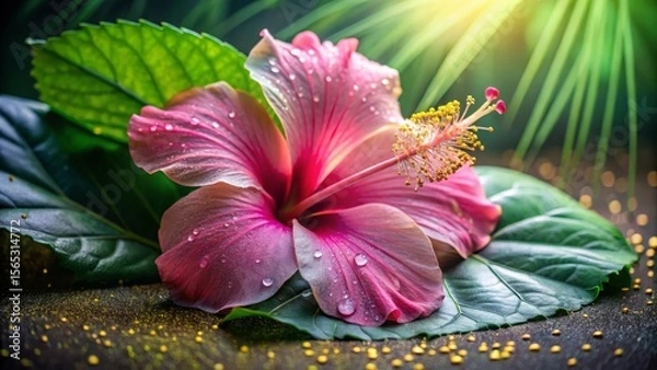 Fototapeta A vibrant pink hibiscus flower with dew drops, delicately nestled on lush green foliage, adorned with shimmering golden accents.