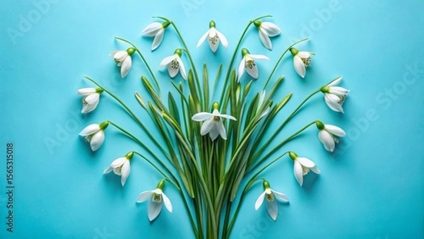 Fototapeta A vibrant arrangement of snowdrop blossoms, meticulously arranged in a circular pattern against a serene light blue backdrop, showcasing the delicate beauty of springtime flora