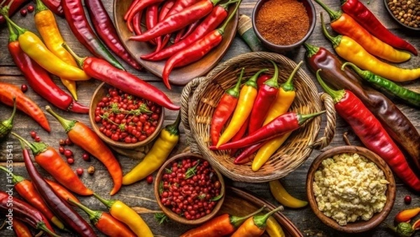 Fototapeta Assortment of vibrant chili peppers in various colors and sizes, displayed with bowls of spices and peppercorns on a rustic wooden surface.